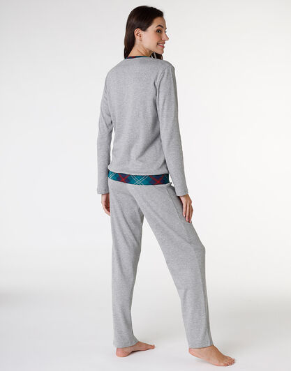 Pigiama lungo in interlock di cotone, grigio melange con stampa, , LOVABLE